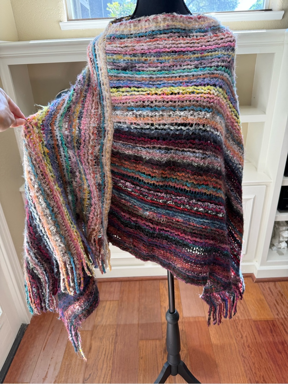 Rainbow Multicolor Striped Knit Shawl Poncho Style -Lightweight Cozy No Armholes